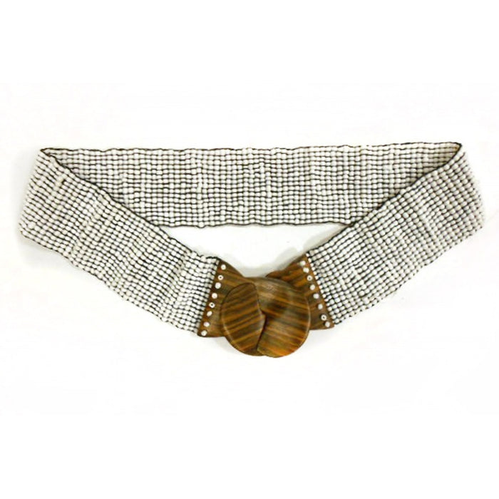 PLAIN PEARL BELT WITH WOODEN BUCKLE - BLANC