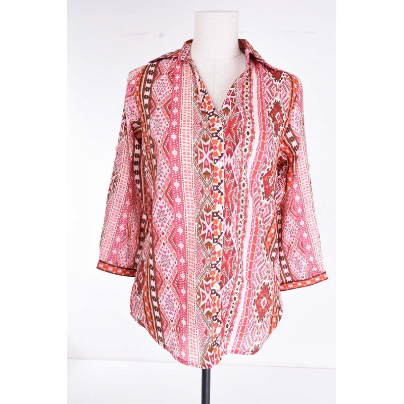 Palme V Neck+3/4 Sleeves Cotton Shirt - Rose Fonce 65943