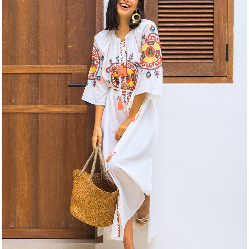 Palme Long Cotton Wrap Dress With Embroidery - Ecru
