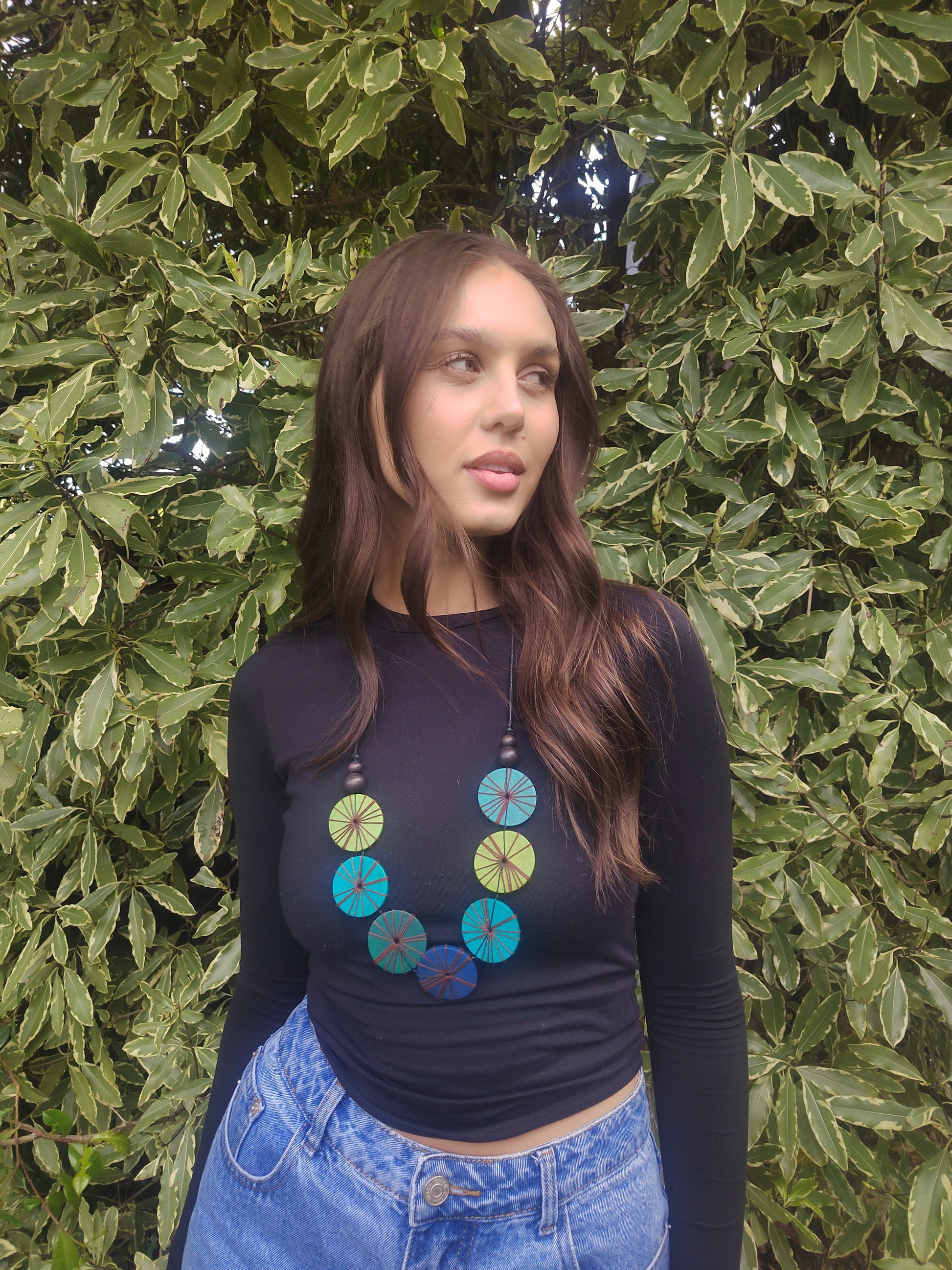 Large Blue Embroidered Wooden Necklace N7-281FCM