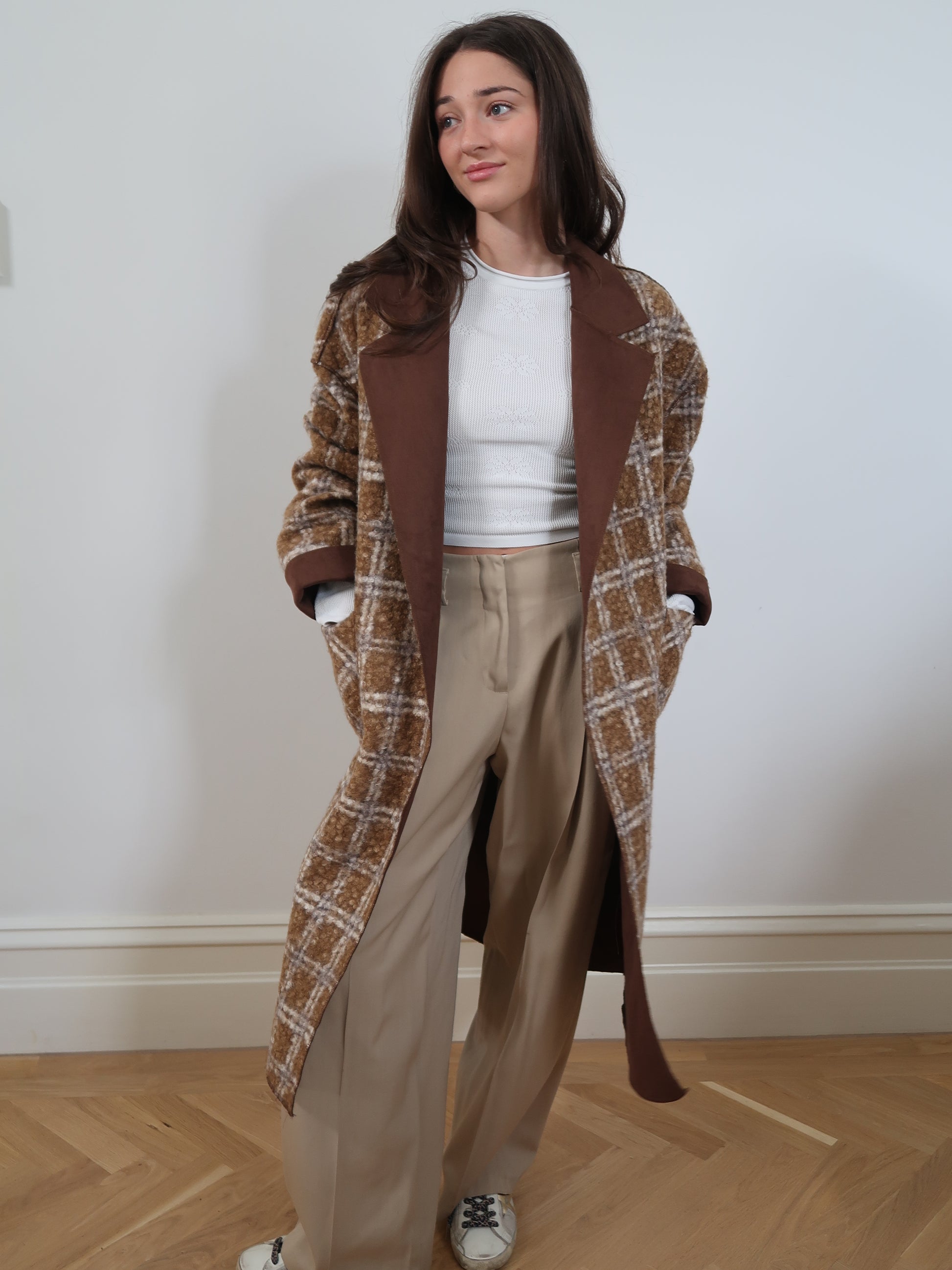 POLYESTER LONG COAT WITH POCKETS - CAMEL
