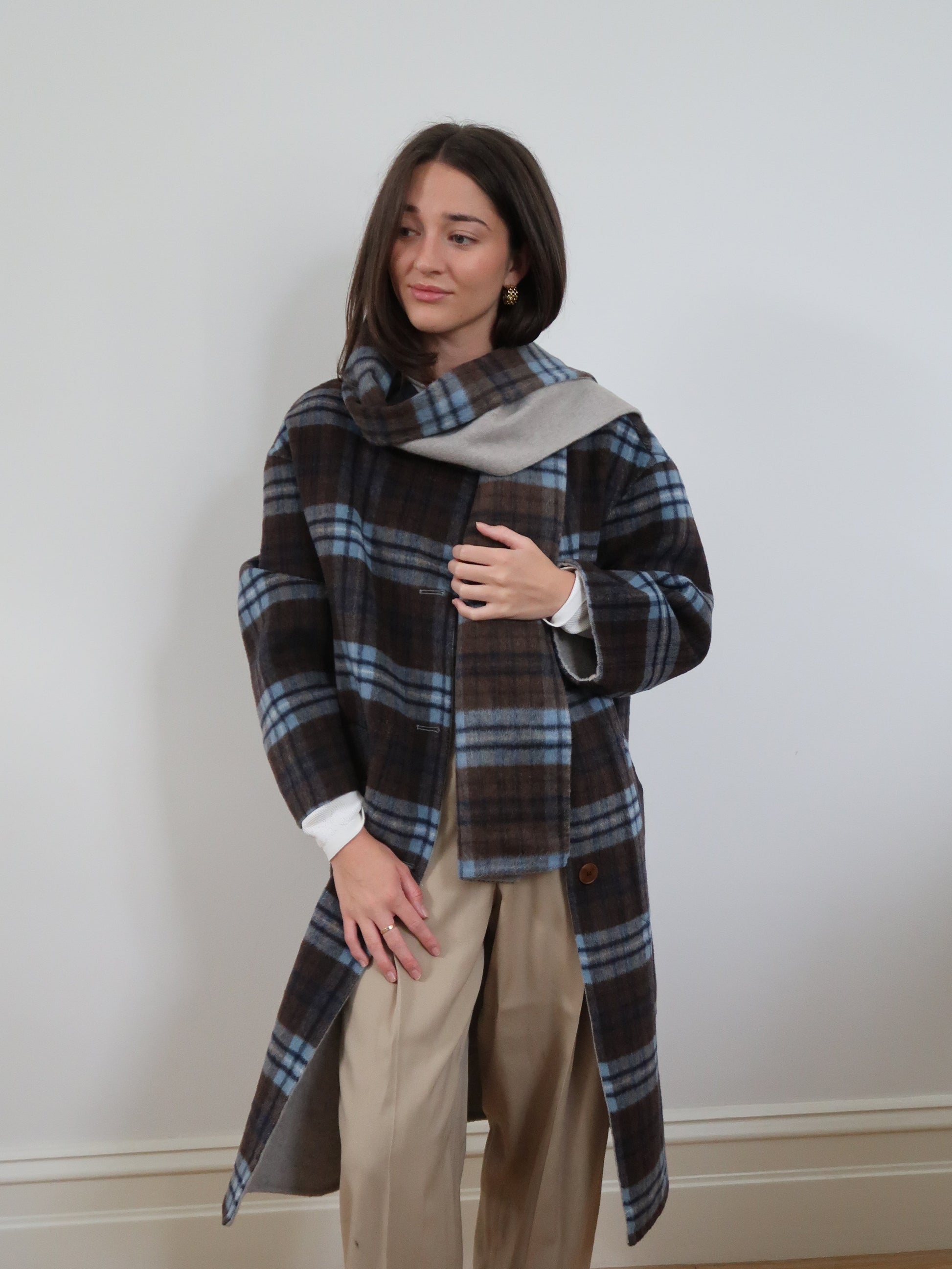 Built in Scarf Check Coat - Blue SM003