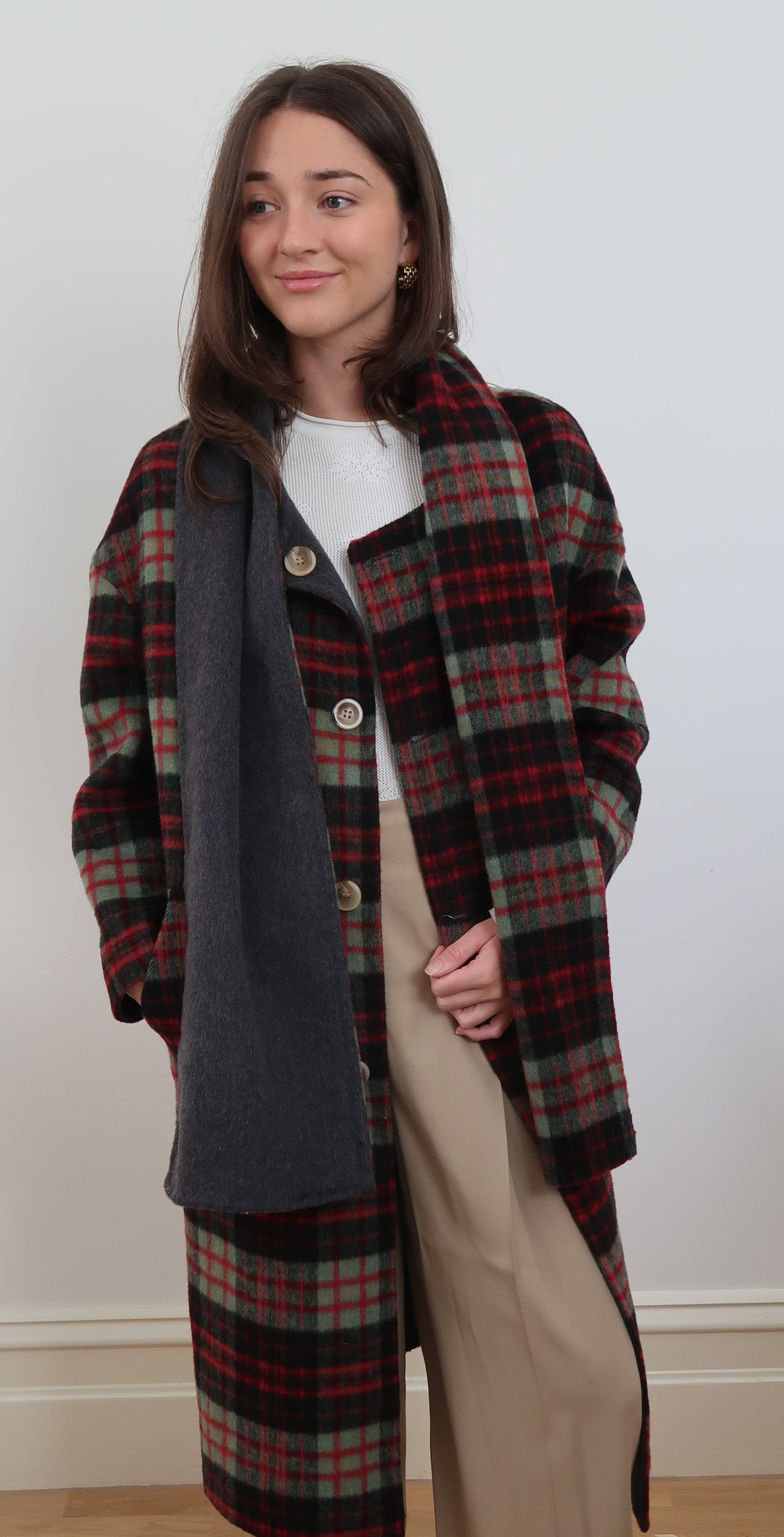 Built in Scarf Check Coat - Red SM003