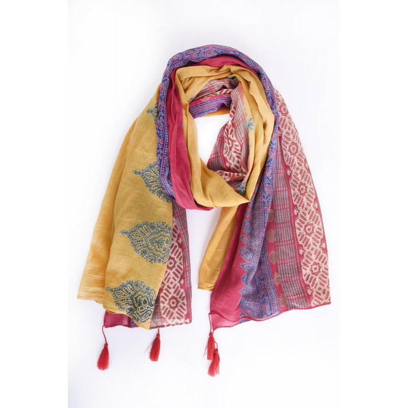 Block Print Cotton Scarf with Tassels - 64808