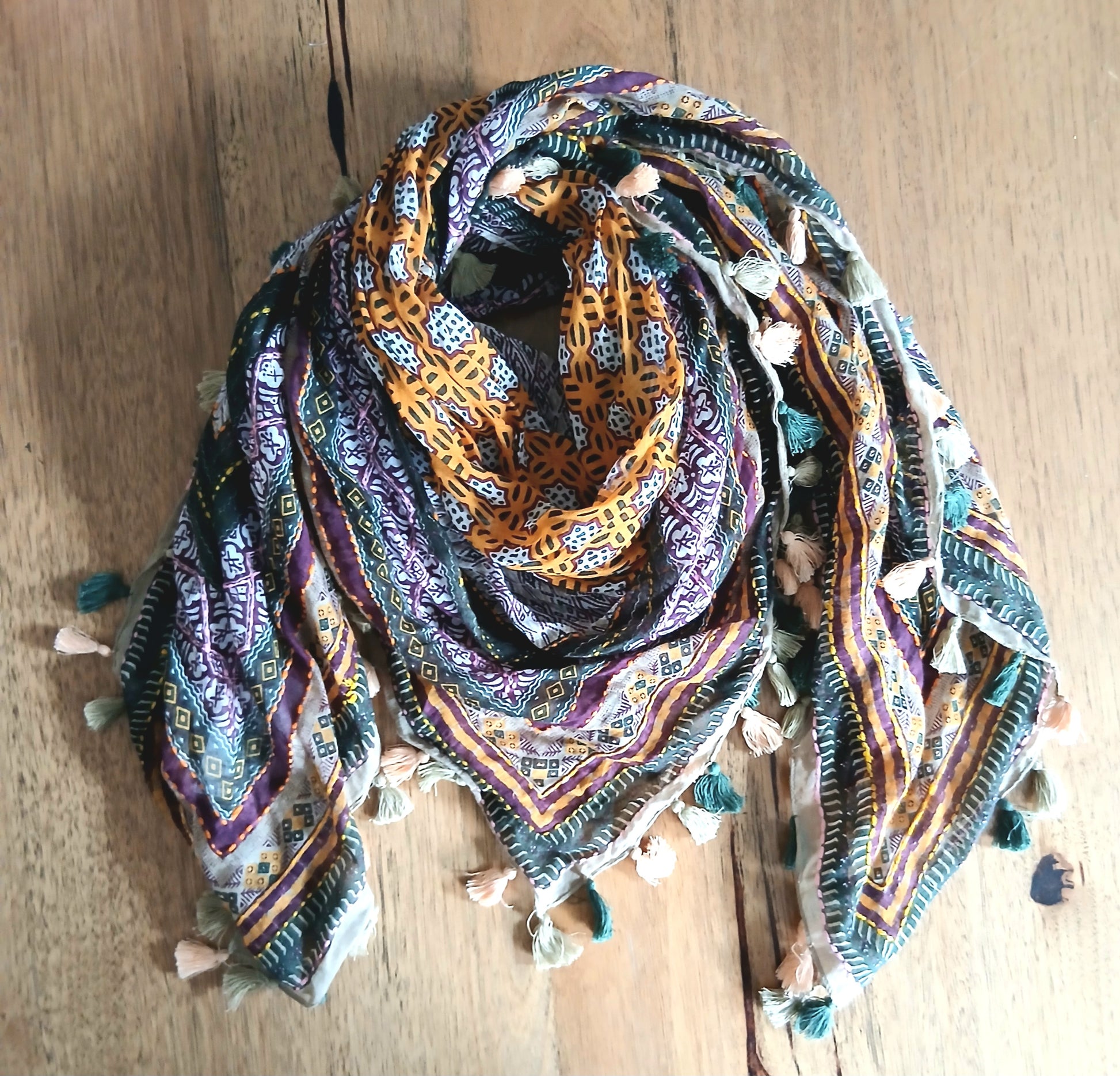 PRE-ORDER Cotton Square Embroidered Scarf with Pompom 46209