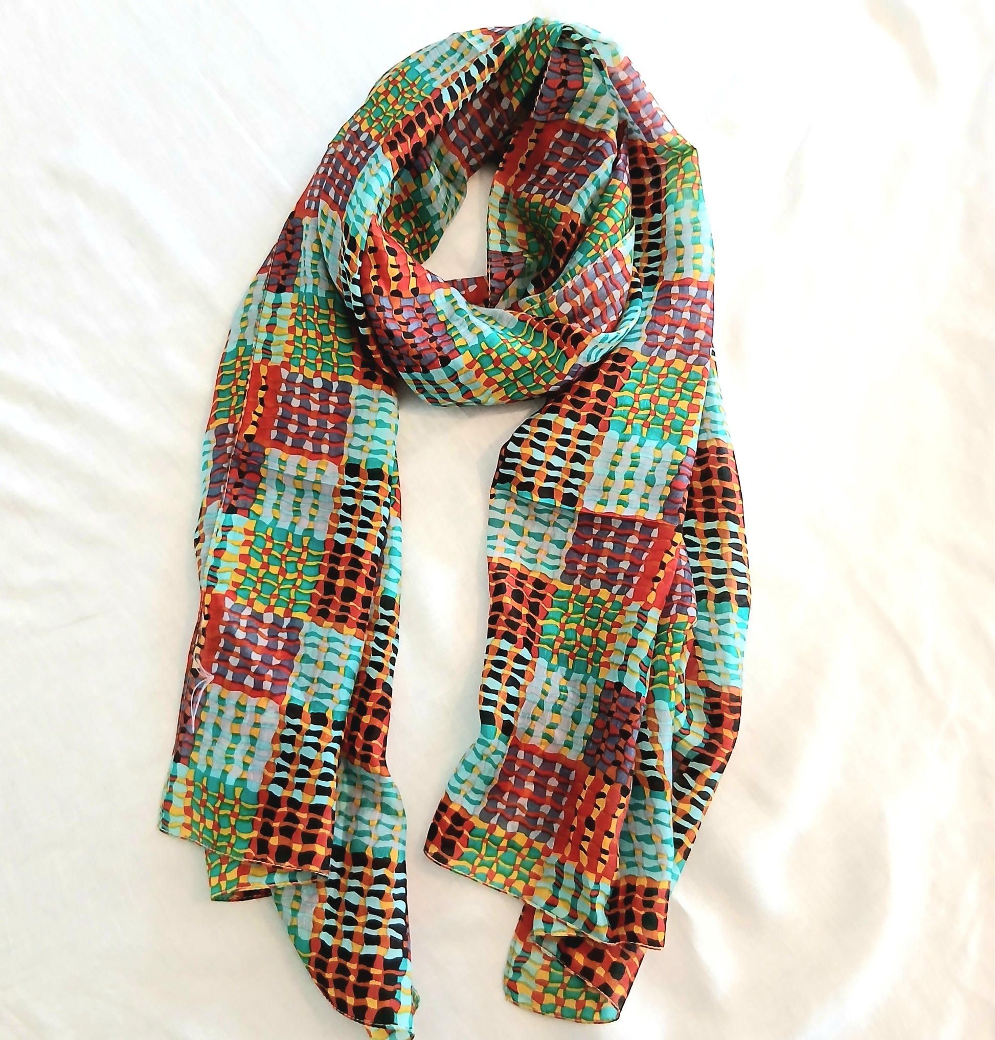 PRE-ORDER Pure Silk Scarf Lines and Squares Design Large PS-1090