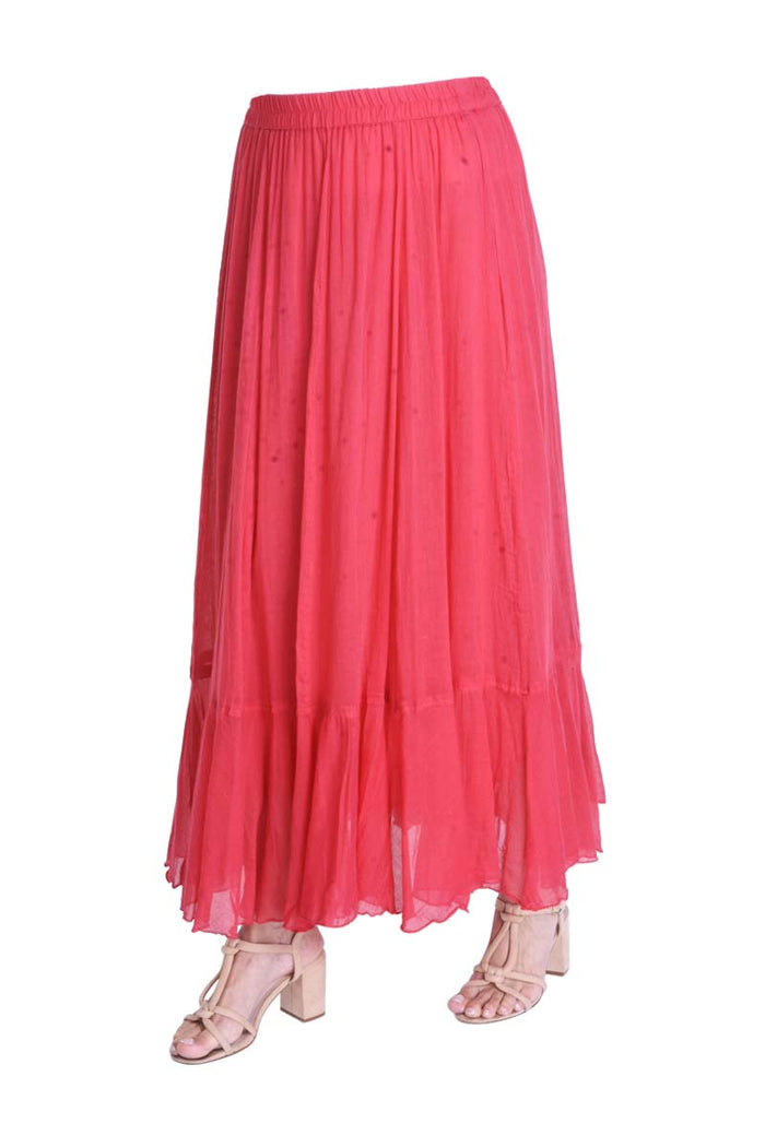 Plain Long Cotton Skirt With Frill - Rouge Fonce
