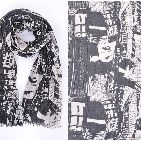 Abstract Print Polyester Scarf - Black and white