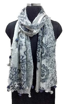 White and Blue Flower Patterned Scarf with Pom Poms Yash-506