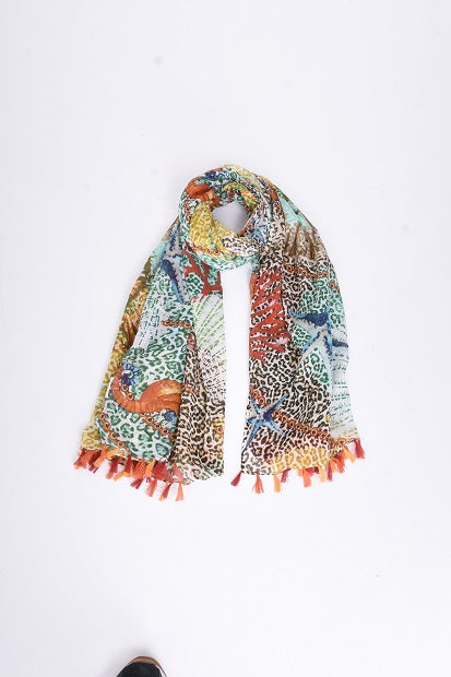 ANIMAL AND CORAL PRINTED COTTON SCARF - MULTI FONCE