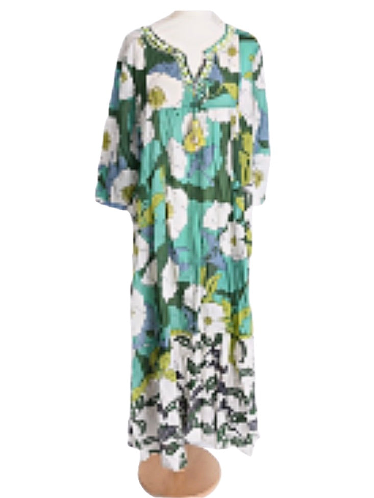 Palme Hand Embroidered Flower Tunic Dress S/M - Dark Green 62727