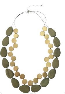 2-Layered Green and Beige Wooden Beaded Necklace N6-1999N
