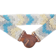 Pearl Elastic Belt With Wooden Buckle - Bleu Clair