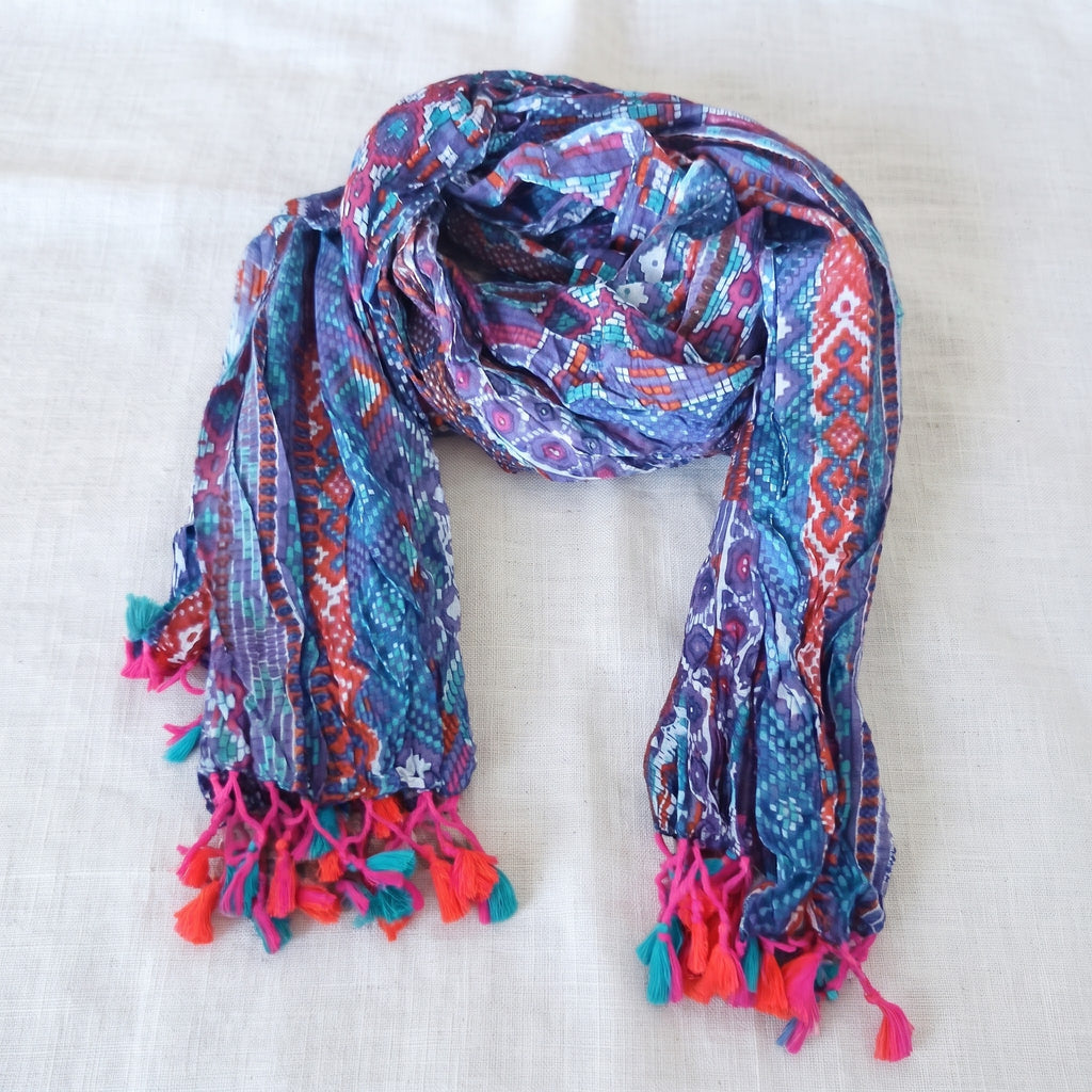 Boho Printed Viscose Scarf with Colorful Tassels 53414-0550