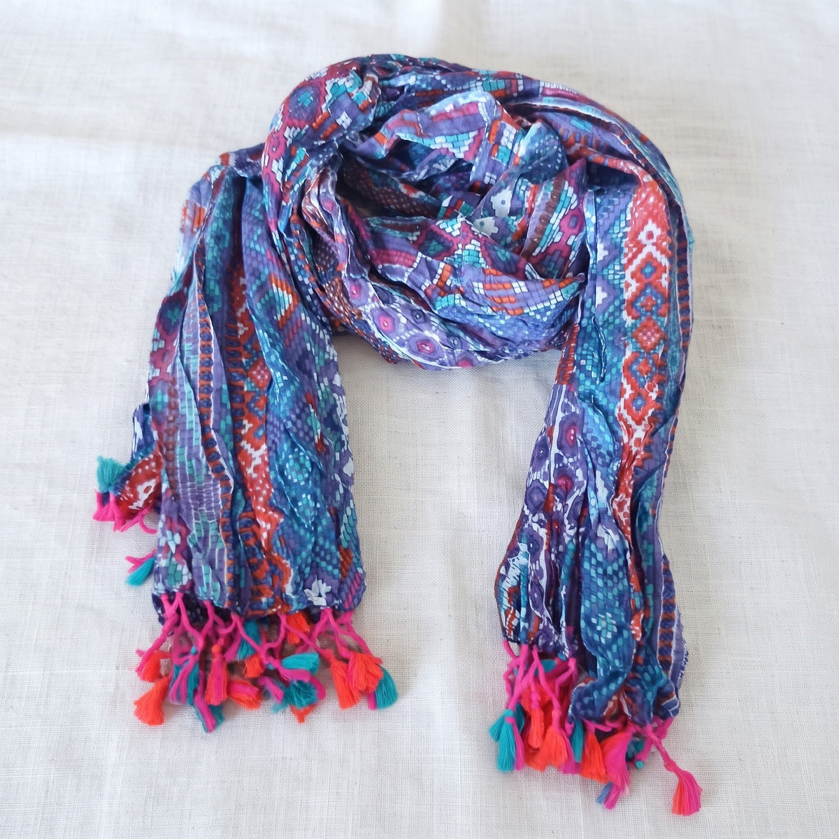 Boho Printed Viscose Scarf with Colorful Tassels 53414-0550