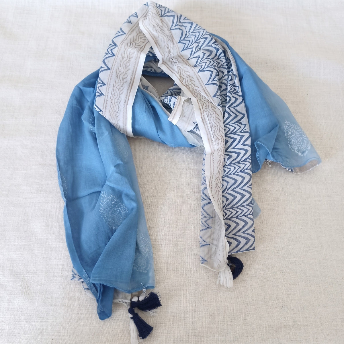 Boho Slate Blue Geometric Print Cotton Scarf with Tassels 65782-0500