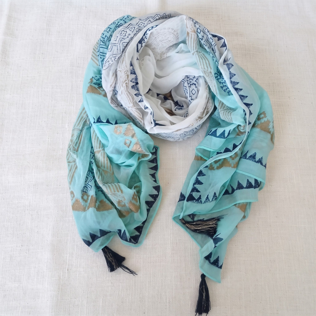 Boho Light Blue & Turquoise Geometric Print Scarf with Tassels 65774-0800