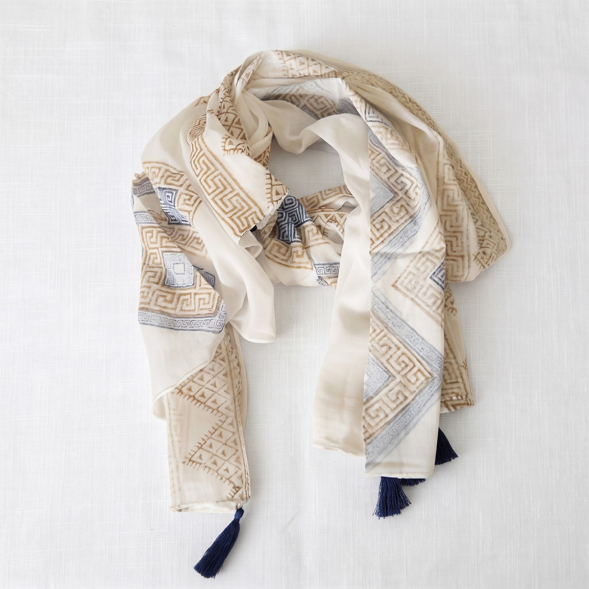 Boho Greek Key Print Cotton Scarf with Tassels – 65780-0100