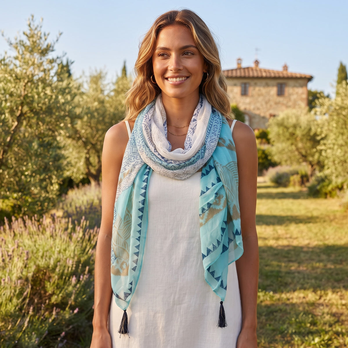 Boho Light Blue & Turquoise Geometric Print Scarf with Tassels 65774-0800