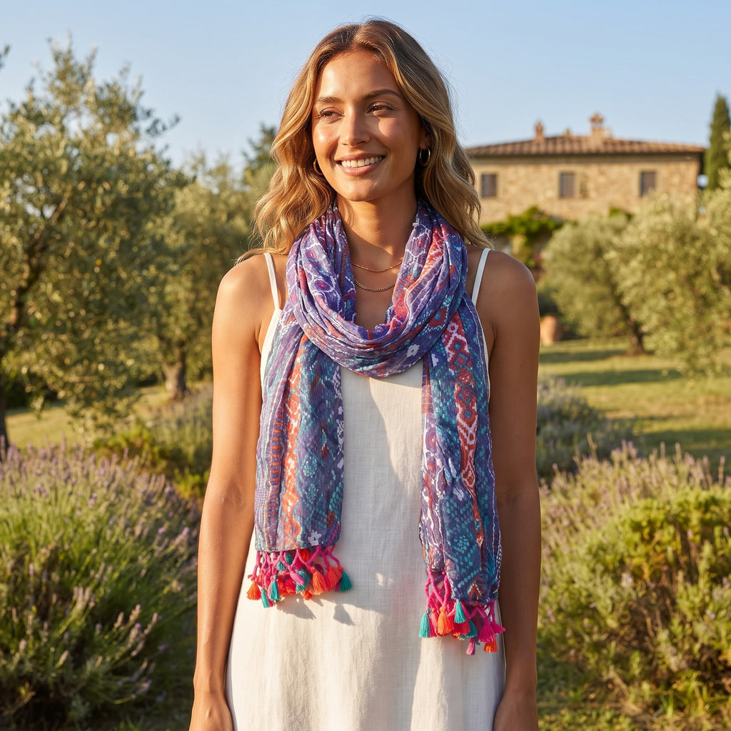 Boho Printed Viscose Scarf with Colorful Tassels 53414-0550