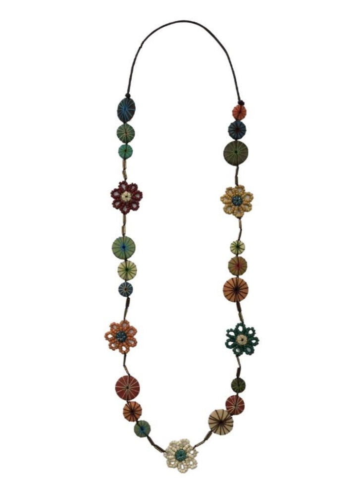 Floral and Embroidered Wooden Beaded Necklace N6-50