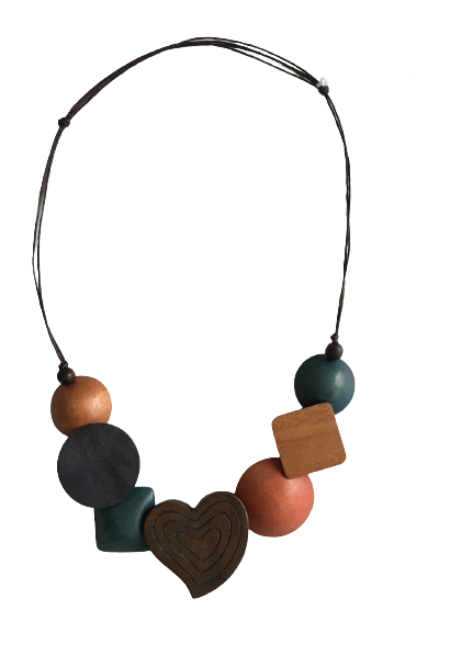 Closed Together Chunky Wooden Beads with Hero Heart Pendant Necklace N6-5768