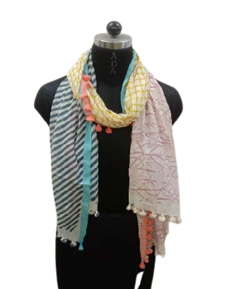 Multi Patterned Cotton Scarf with Pom-Poms Yash-303