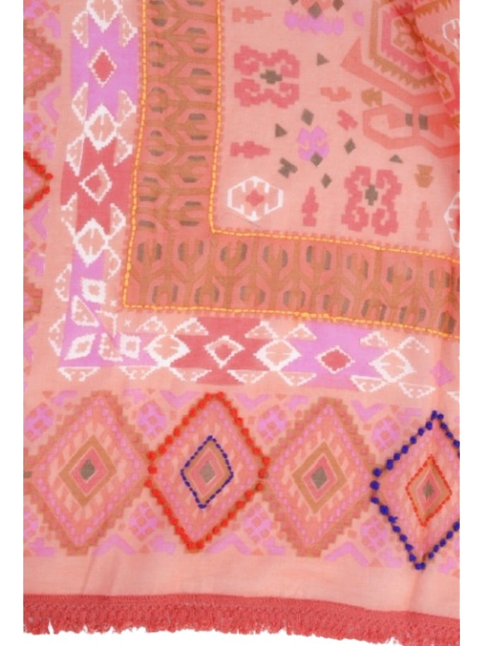 Palme Cotton Square Embroidered Fringe Scarf - 52669