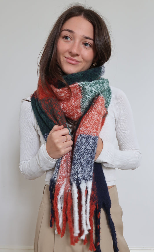 Blanket Style Super Soft Scarf - Green/Oj/Navy
