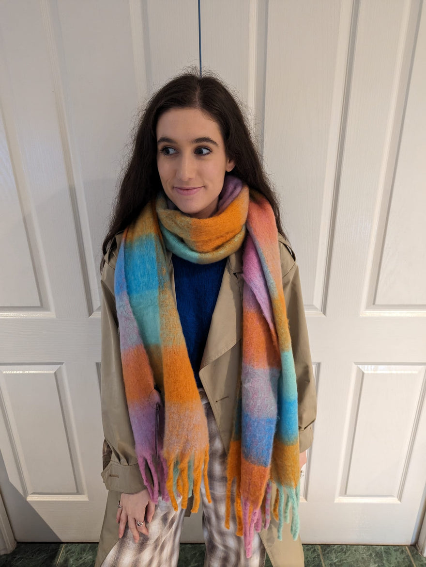 Soft Blanket Scarf - Turquoise, mustard and Pink