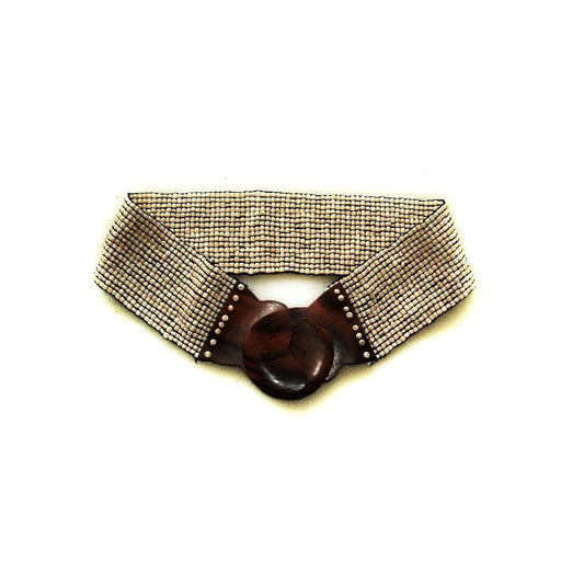 Plain Pearl Belt With Wooden Buckle - ECRU