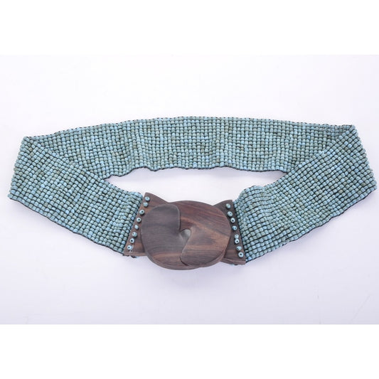 Plain Pearl Belt With Wooden Buckle - Bleu Clair