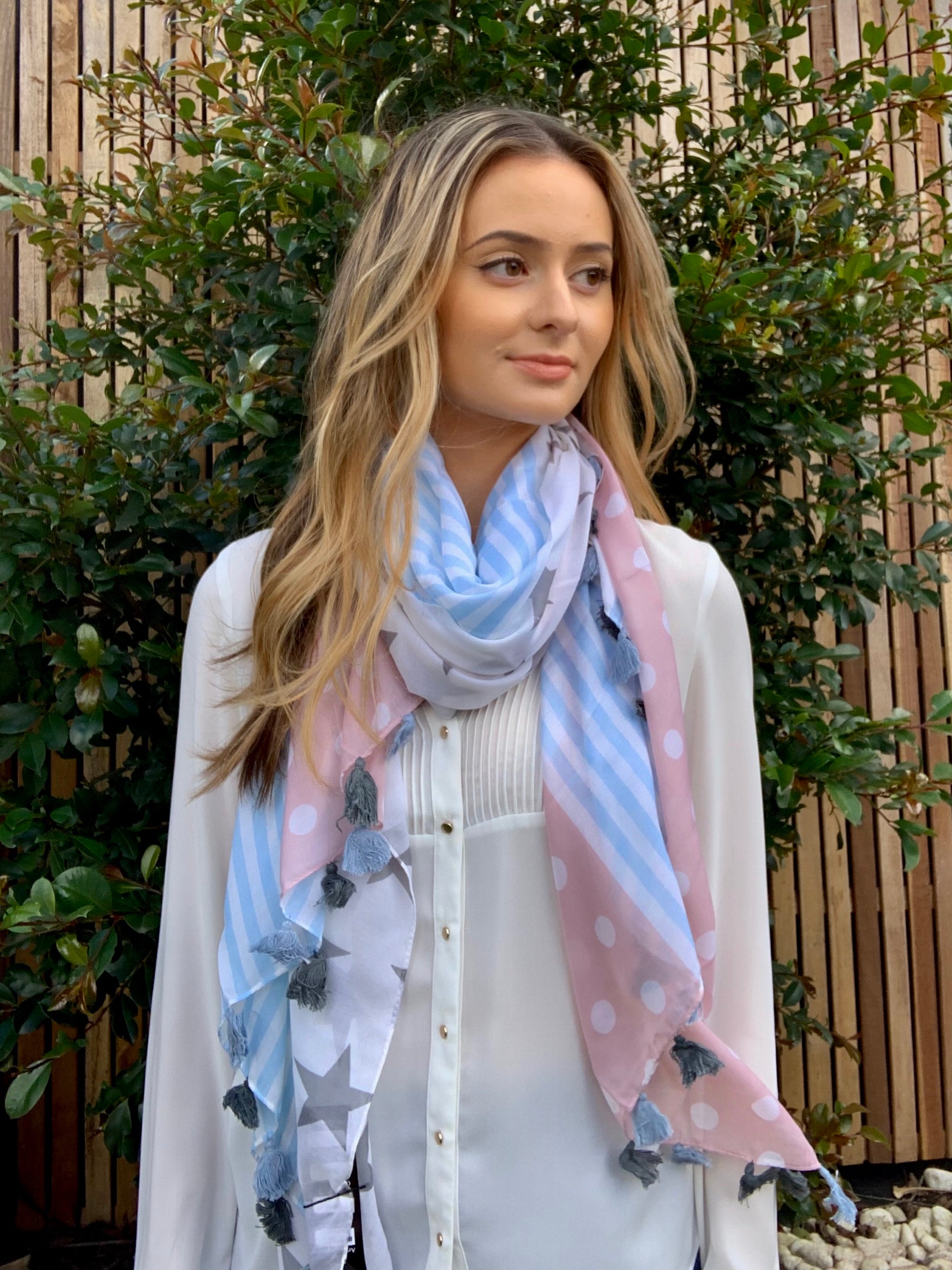 Viscose Star/Stripe Scarf with Tassels - 15014