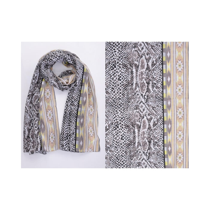 Polyester Scarf With Snake Print and Ethnic printed Edges - MARRON FONCE