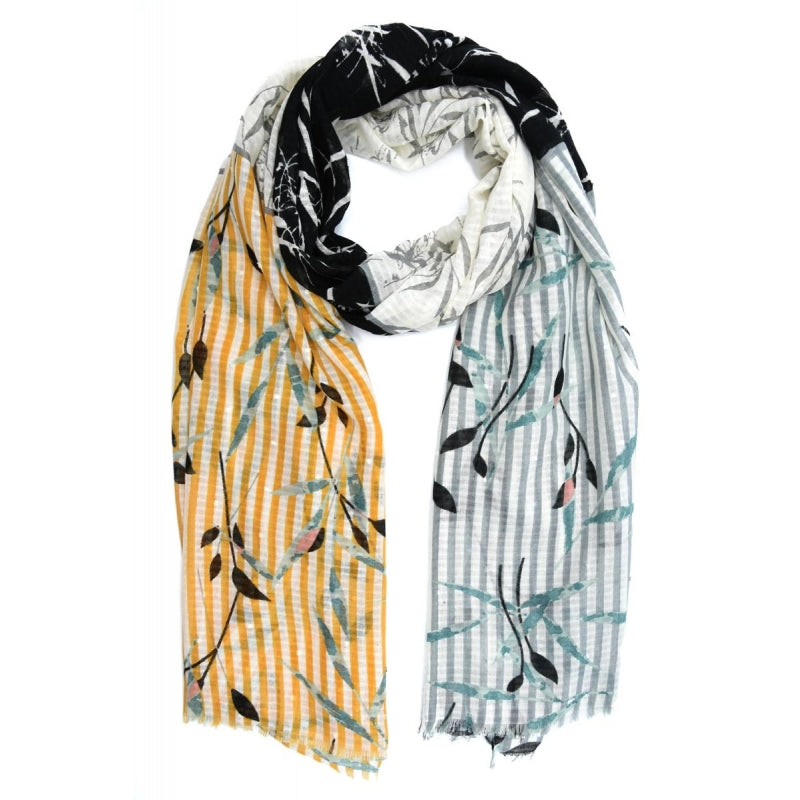 POLYESTER BAMBOO AND STRIPED PRINT SCARF - NOIR