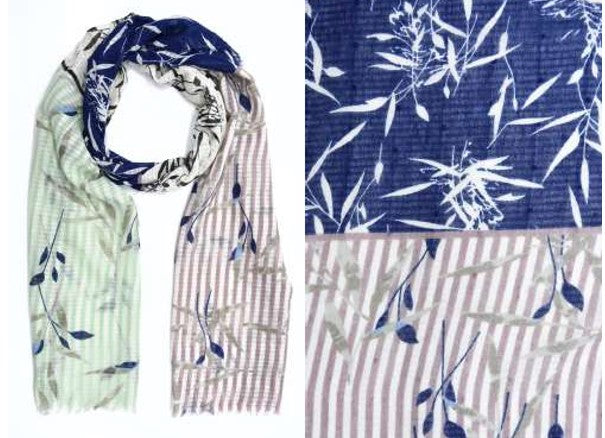 POLYESTER BAMBOO AND STRIPED PRINT SCARF - BLEU FONCE