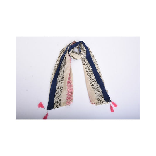 Block Print and Tassels Organic Cotton Scarf - Bleu Fonce