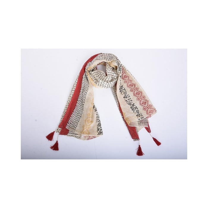Block Print and Tassels Organic Cotton Scarf - Rouge Fonce
