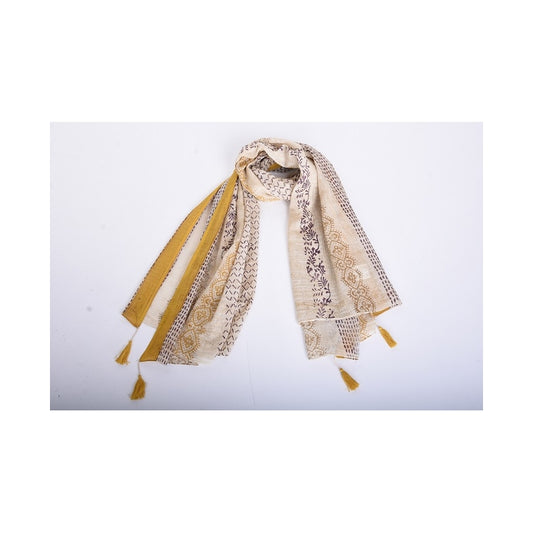 Block Print and Tassels Organic Cotton Scarf - Jaune Fonce