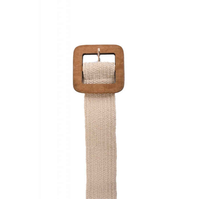 BRAIDED BELT WITH WOODEN SQUARE BUCKLE - ECRU
