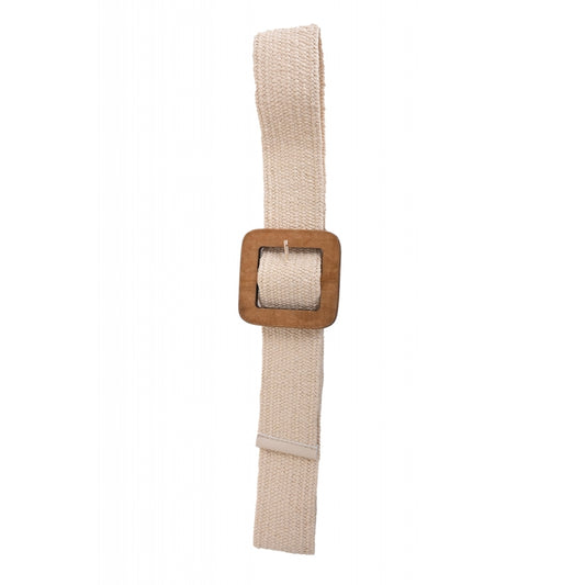 BRAIDED BELT WITH WOODEN SQUARE BUCKLE - ECRU