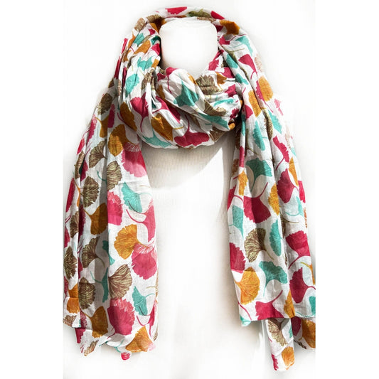 Gincko Leaves Printed Cotton Scarf - Blanc