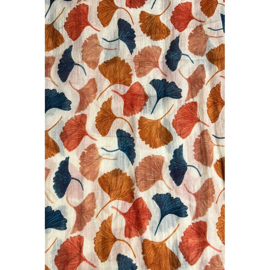 Gincko Leaves Printed Cotton Scarf - Ecru