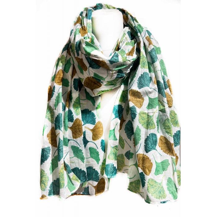 Gincko Leaves Printed Cotton Scarf - Vert Clair
