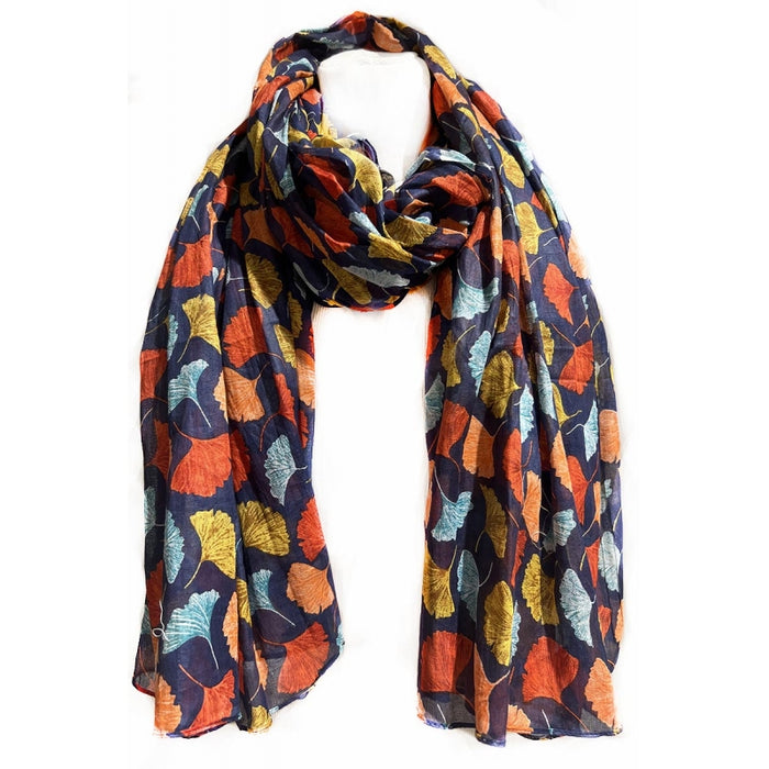 Gincko Leaves Printed Cotton Scarf - Multi Fonce