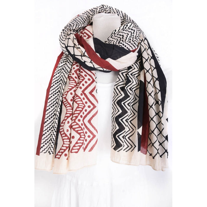 BLOCK AND ZIG ZAG PRINT COTTON SCARF - ROUGE FONCE