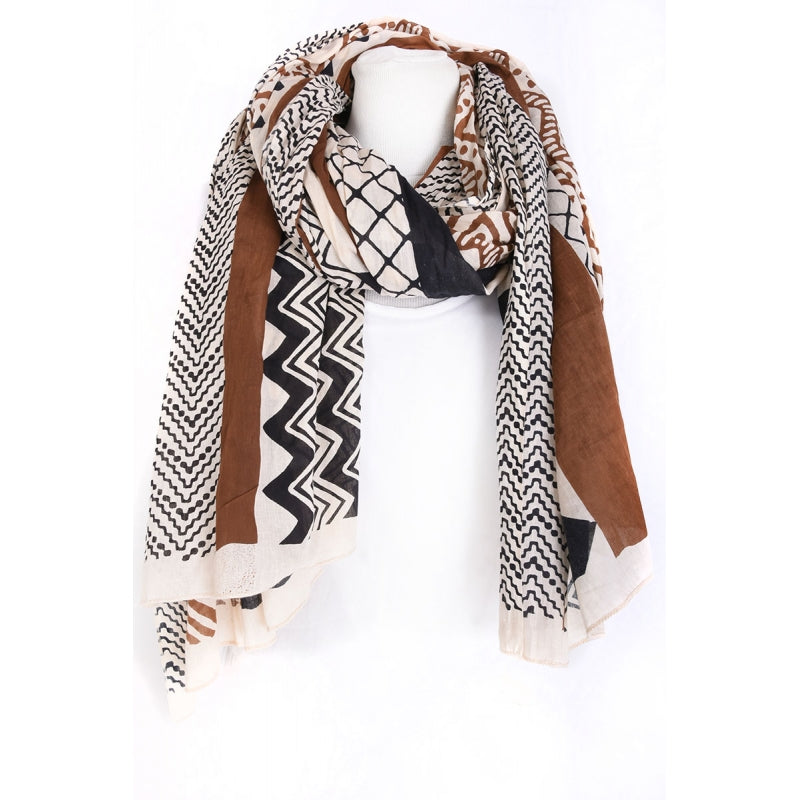 Block with Zig Zag Print Pure Cotton Scarf - 64735