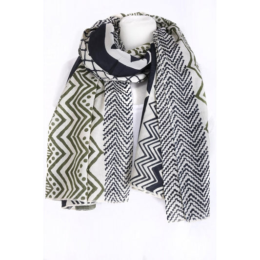 BLOCK AND ZIG ZAG PRINT COTTON SCARF - VERT FONCE