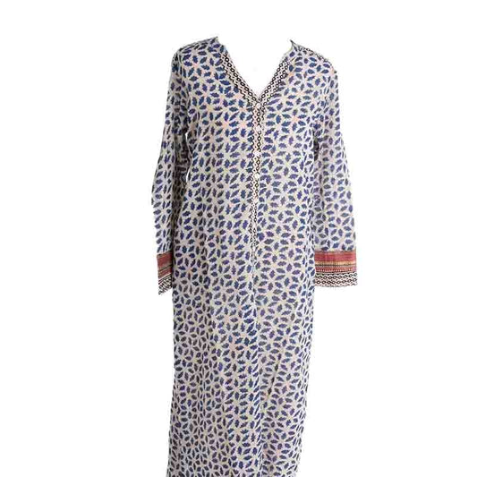 Long Block Print Cotton Kurta - Bleu Fonce