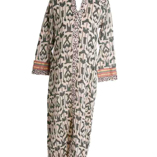 Long Block Print Cotton Kurta - Vert Fonce